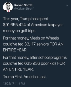 dougiefromscotland:  corporationsarepeople: (Conservative estimate. He likely passed that number in July.) eh, I think that golf cost is a bit exaggerated, unless I missed Trump building a course on the moon?  Depends on who you ask, but it’s not just