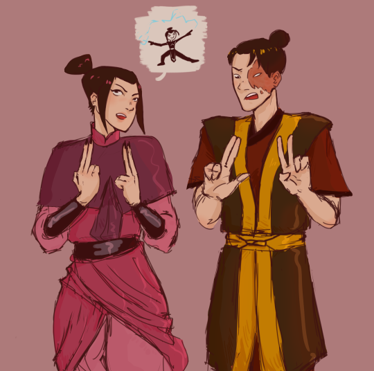 a digital drawing of azula and zuko from avatar. azula is talking and zuko looks confused while imitating azula's hands. a speech bubble is coming from azula with a small azula shooting lightning. 