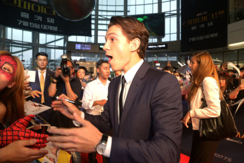 Tom Holland, Jacob Batalon & Jon Watts at the ‘Spider-Man: Homecoming première in Seoul (x)