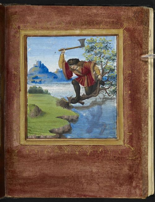 Miniature of a man cutting down a tree on which he sits (an illustration of the proverb: ‘chop