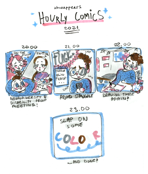 Did hourly comic day for the first time! It was fun, but also exhausting. My hand may or may not be 