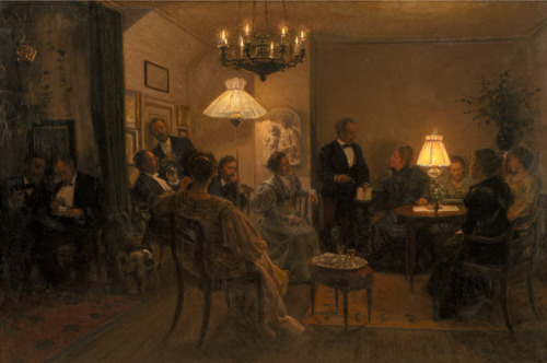 huariqueje:Evening party in my home   -     Viggo Johansen ,1899.Danish  1851-1935Oil on canvas