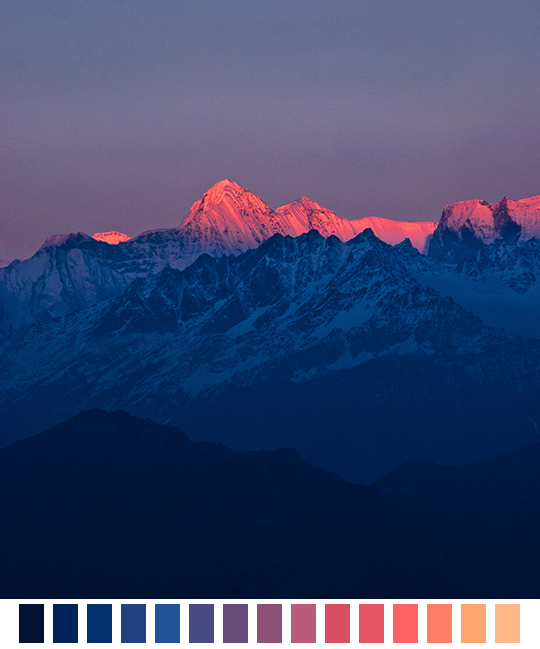 naturalpalettes:  Sunset colors on an unnamed 21,000ft spur in the Kumaon Himalayas