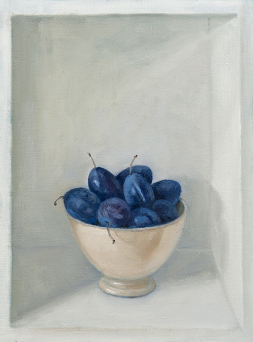 Bowl Plums   -   Wil KroonDutch,b.1947-Oil on canvas, 40 x 30 cm.