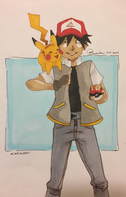 apmanda: Inktober #2: Ash+Pikachu One of my fave duos. I’m going for alternating between ocs and fanart. Also, I’m trying to stay away from too much color, so you’ll see a lot of gray-tones in these. This one’s probs the biggest exception. X)