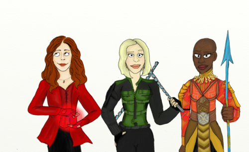 Some Fanart based off of Avengers: Infinity War!Scarlet Witch, Black Widow, and Okoye (left to right