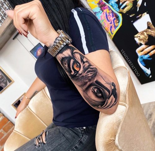 Art Amazing Tiger Woman Eyes Arm Tattoo By Awesome