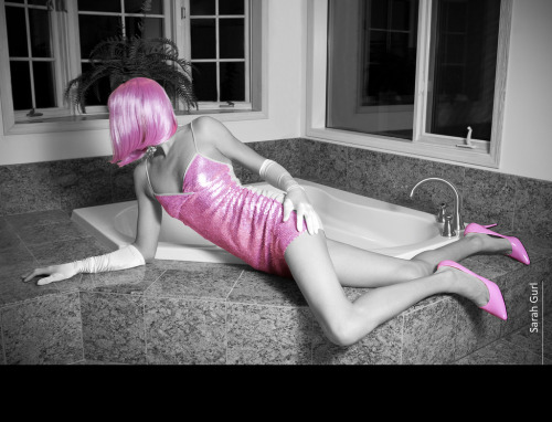 Bathed in Pink kinky, stockings, girl, erotic, dress, babe, bathroom, pink, collar, glamour, tub, ti
