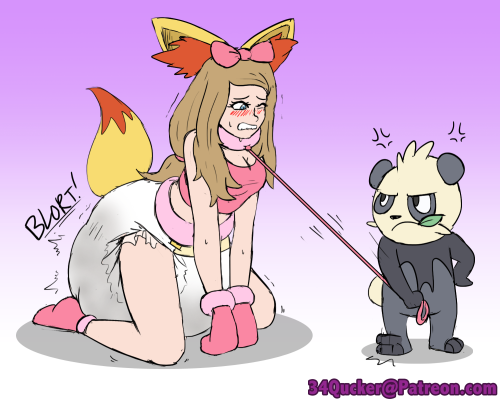 Serena finds herself as the Pokemon now! Dressed as a Fennekin and leashed by Pancham, the former tr