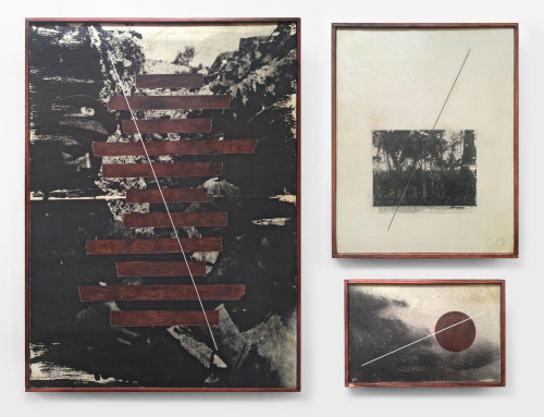 Trenches I, II, III. Acrylic, acrylic transfer, paper, ink, coffee on wood panel.18″ x 24&Prim