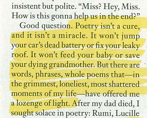 poetsandwriters:
““Poetry isn’t a cure, and it isn’t a miracle. It won’t jump your car’s dead battery or fix your leaky roof. It won’t feed your baby or save your dying grandmother. But there are words, phrases, whole poems that—in the grimmest,...