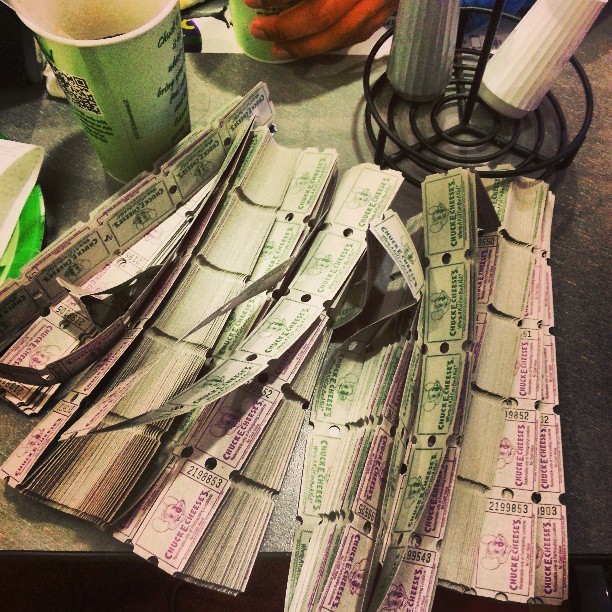 Buying chuck E cheese tickets from a guy who works here to make my childern happy