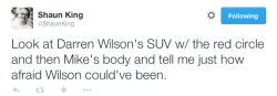 justice4mikebrown:  The distance between Darren Wilson’s SUV and Mike Brown’s body. Mike Brown fled approximately 108 ft. not 35 ft. like the police claim. Timeline of Mike Brown’s death. 