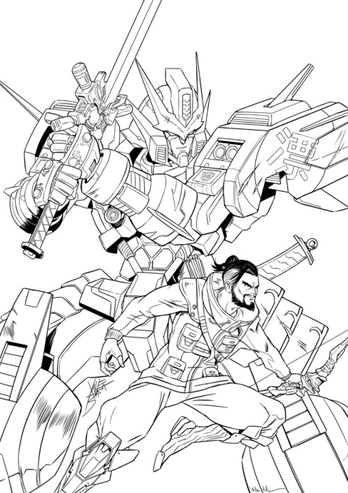 kithainplays:Drift and Hanzo! (as part of a Transformers-Overwatch crossover AU)Incredible lineart d