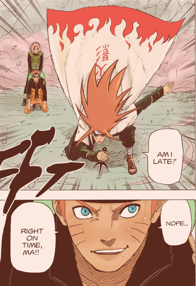 a manga edit or two naruto panels. i’m the first one kushina is arriving on one knee and a hand being her back. her other hand is holding a kunai and her hair and hokage cape are flowing upwards. sakura is behind her healing naruto. there is a speech bubble that reads “am i late?” the second panel is a closeup of naruto smirking with two speech bubbles that read “nope… right on time, ma!!” 