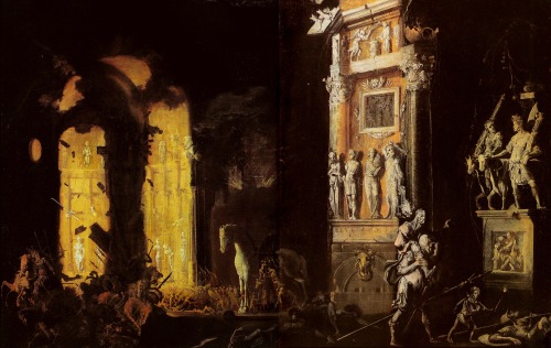denisforkas: François de Nomé - The Burning of Troy with the Flight of Aeneas. N.d.