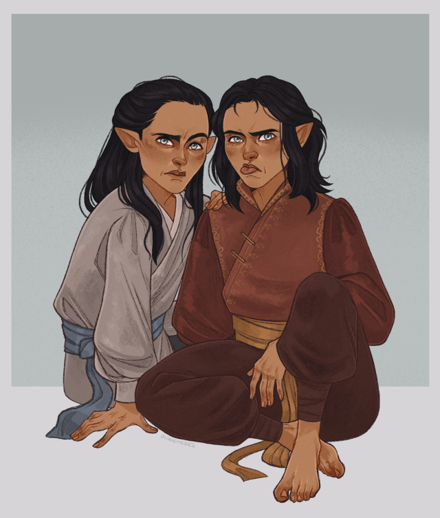 Elrond and Elros, aged about 10-11. They are identical twins with tan skin, black hair, and grey eyes. One is wearing a light grey tunic, the other a red one. Elros is sticking his tongue out