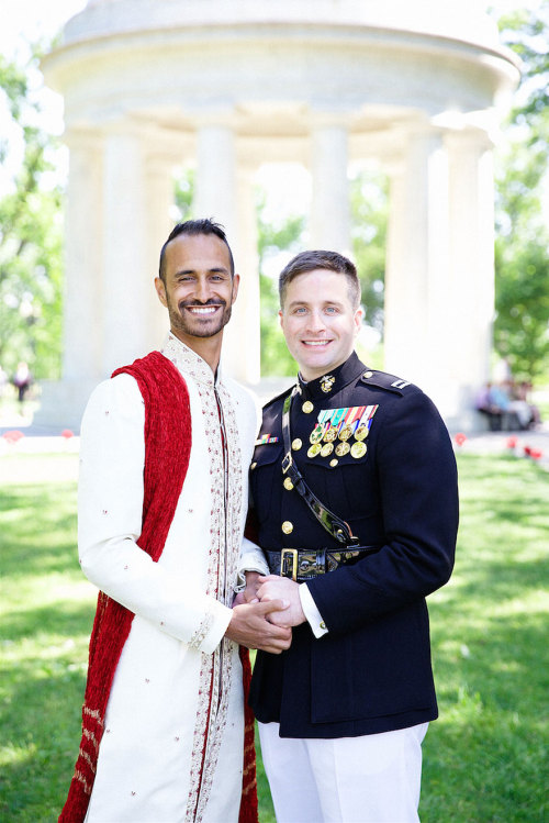 2015: (Same-sex) marriage between military veteran Justin and British-Indian Simon at the DC War Memorial - Justin in marine blue and Simon in traditional red and white Sherwani.Photographed by    Marisa Guzman-Aloia.