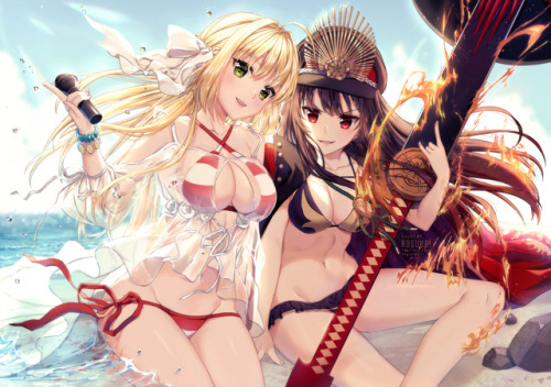 Swimsuit Nero and Nobu | Pixiv + Twitter– I have a Fate Grand Order fanbook + other merch open