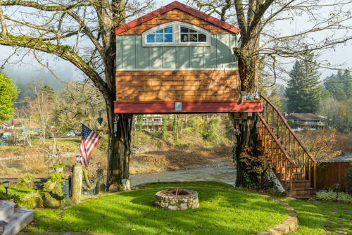 treehauslove:  Washougal Riverside Treehouse. A nice cabin style treehouse with the porch overlooking the Washougal River. If that is not enough, there’s a hammock for the lazy days and nice readings. Located in Washougal, Washington. Keep reading