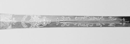 art-of-swords:  Military Dress Sword Dated: circa 1787-91 Culture: English Medium and techniques: gilt brass, wood, fish skin, silver wire, gilt, blued steel/etched Measurements: overall length 95cm; blade length 62cm The sword has a gilt/brass hilt with