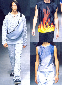 y2kaestheticinstitute:  archivings:  Lad Musician Spring/Summer 2000   bubbly/tech-material outfit + utility chic + flame motif + shiny metallic abstract all-over print top
