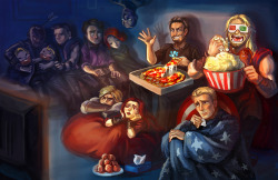 eatherstar:  derlaine:  marvelentertainmentfanart:  Movie Night with the Avengers  Wonder what they’re watching ;)  No one else is wearing 3D glasses. Thor’s just wearing them ‘cause that’s what he thinks you wear to the movies.