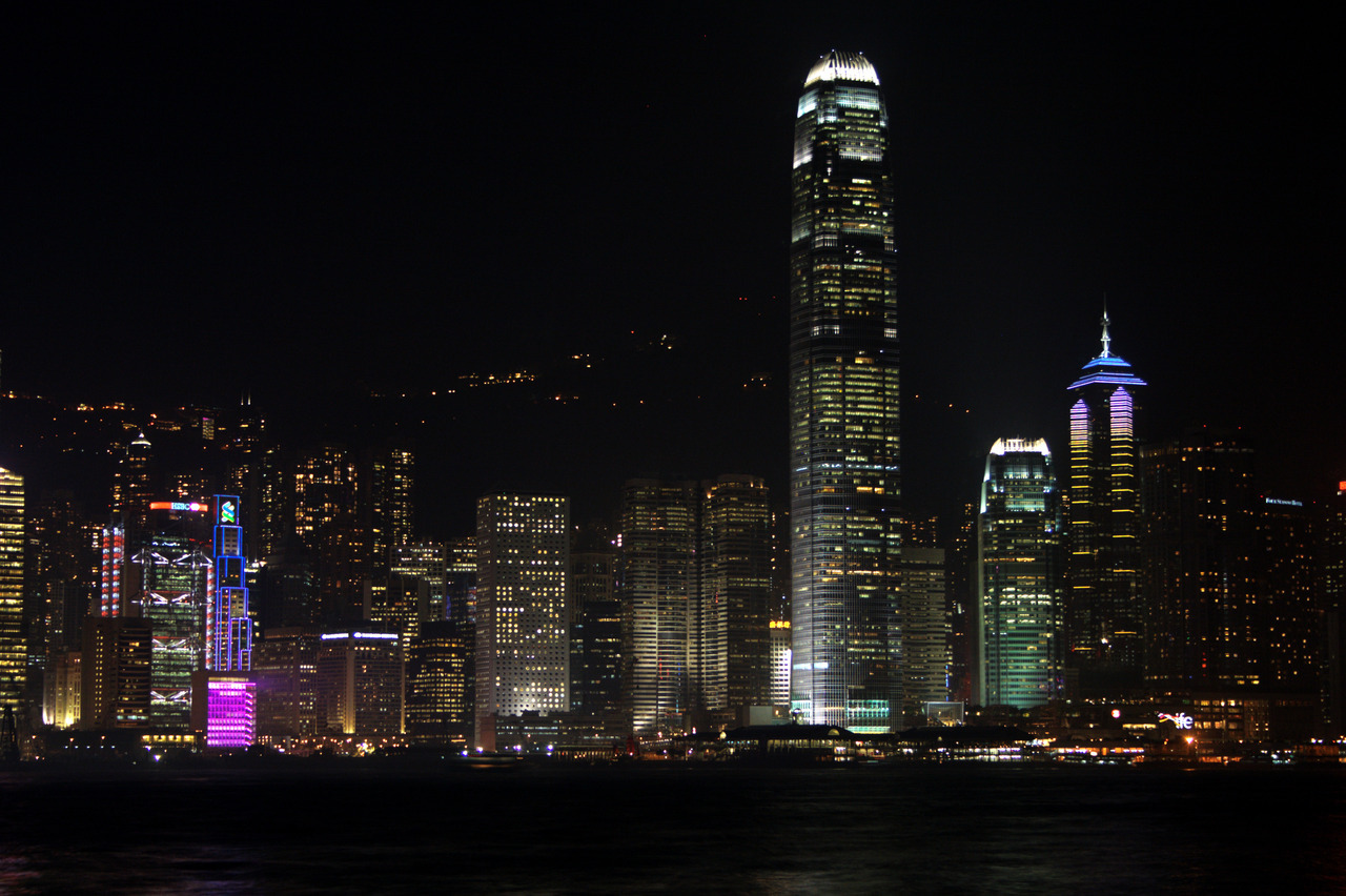 Hong Kong, Night Skyline with Two International Finance Centre, China