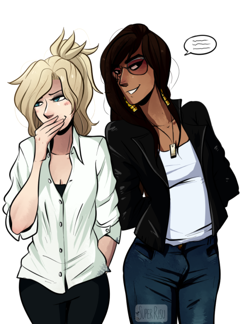 superrisu: Fareeha telling a joke to Angela during morning announcements