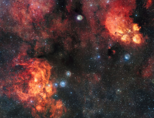 the-wolf-and-moon:  NGC 6357 and NGC 6334, Lobster and Cat’s Paw Nebulae