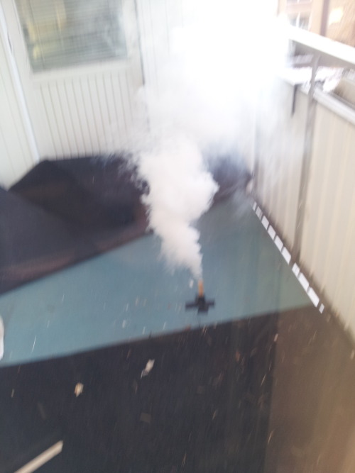 Today’s experiment: smoke bomb!  I ordered a kit from an online pyrotechnics store, and interestingly enough they didn’t supply a list of ingrediences, only two mystery powders meant to mix together. Safe to say, I didn’t feel very safe