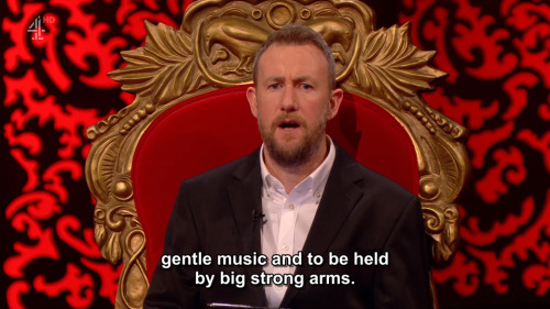 [ID: Three screencaps from Taskmaster. Greg Davies announces to the camera, “Hello, and welcome back