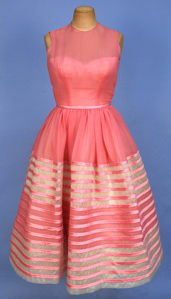 historicaldress:MARTHA ORIGINAL STRIPED ORGANDY PARTY DRESS, 1950’s. Bubblegum pink having sleeveles