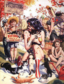 thehappysorceress:  themysciranqueen:  Steve Rude’s Wonder Woman &lt;3  I struggle to see this Diana in the DCnU’s Wonder Woman.   I feel like a picture of Wonder Woman hugging kittens is something everyone could use in their life