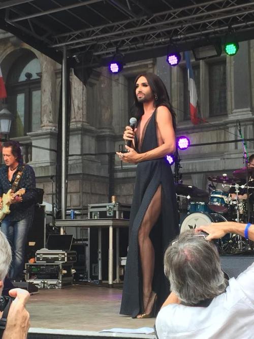 August 09, 2015Conchita at Antwerpen Pride on stage in a wonderful gown from JCHOERL! Very sexy and 