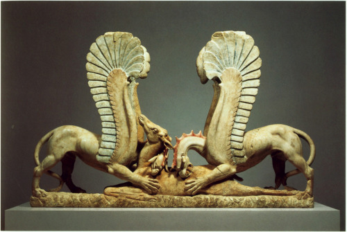 isgandar: Sculptural Group (table support) of Two Griffins Attacking a Fallen Doe South Italy, late 