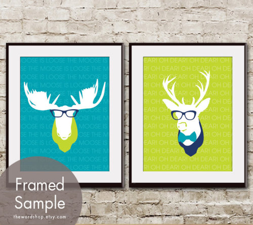 Moose and Deer Head - Set 2 Art Prints (Featured in Oceanic Blue, Lime Zest and Navy) Kids Room Art 