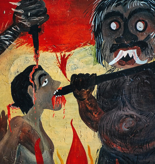 Man being stabbed in the mouth and head by demons. Wewurukannala Vihara Buddhist temple, Dikwela, Sr