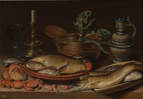 pintoras:Clara Peeters (Flemish, 1584 - 1657): Still Life with fish, a candle, artichokes, crab and 