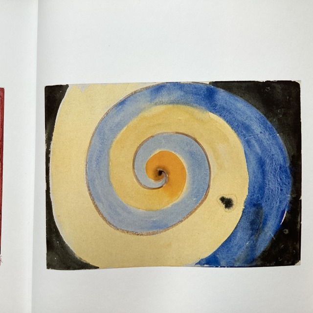 Spiral shape painted in blue and yellow against a black background.