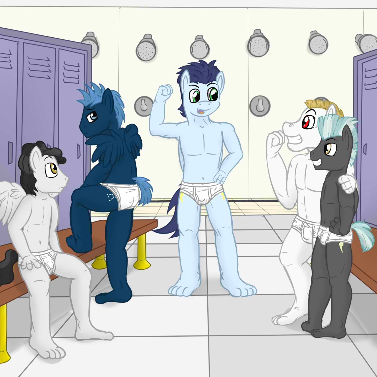 Soarin gives the new recruits a pep talk in the Wonderbolt Academy locker room, and