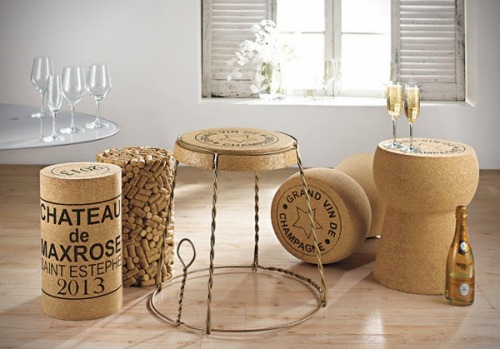 An older project by XL CORK: side tables &amp; stools made of cork, looking like champagne bottl