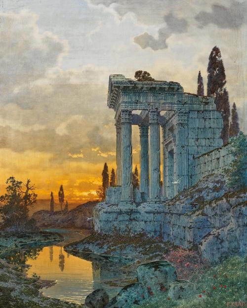 catonhottinroof:Ferdinand Knab (1834 - 1902)A Southern Landscape with Ruins of an Antique Temple