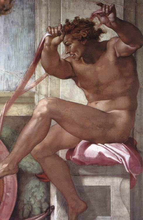 artist-michelangelo:Ignudo, 1509, Michelangelo