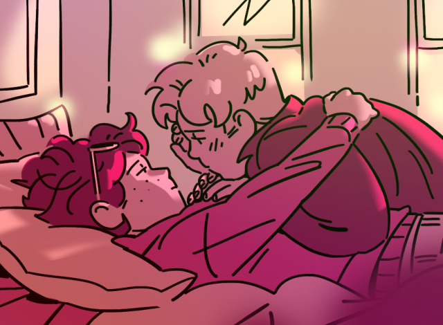 A digital drawing in pink tones of young Matt and Foggy lying on a bed together, both are dressed casually. They are gazing at each other, melancholic expressions on their faces. Foggy is on top of Matt, his hands are tucked under his chin. Matt's one hand is embracing Foggy, with other he is touching Foggy's face. Matt's glasses are on top of his head.