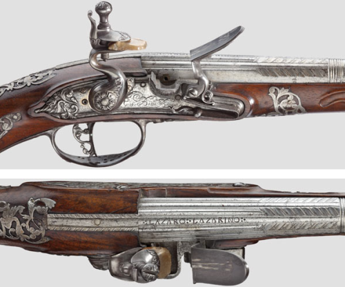 Silver mounted flintlock pistol crafted by Giovanni Batista of Brescia, Italy.  Barrel produced by L