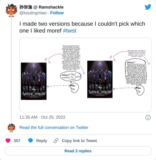 I made two versions because I couldn't pick which one I liked moref #twst pic.twitter.com/oepUvHvT7g
— 孙弥迦 @ Ramshackle (@koutingmiao) October 25, 2022