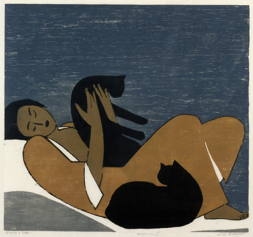 Will Barnet (American, 1911-2012, b. Beverly, MA, USA) - Woman and Cats, 1962, Woodcut Prints: Ink, 