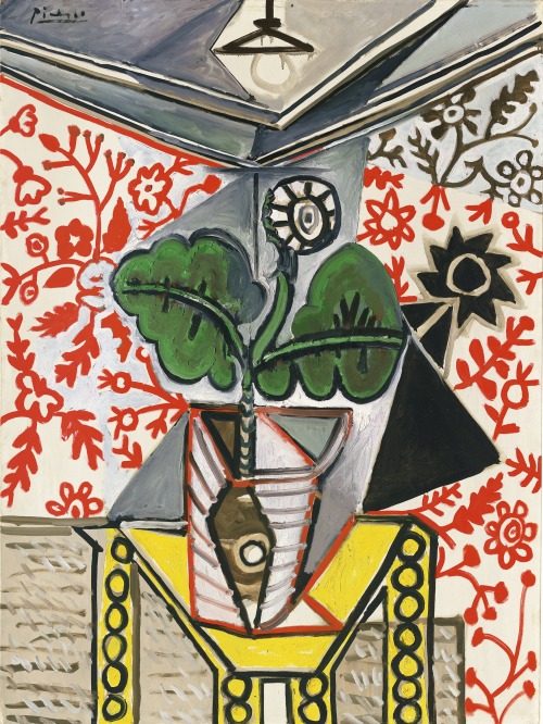 alaspoorwallace:Pablo Picasso (Spanish, 1881-1973), Intérieur au pot de fleurs, 1953. Oil on canvas, 130 x 97 cm