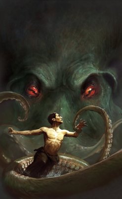 fckyeahhplovecraft:  Marc Simonetti 1. Cthulhu’s Legend 2. At the Mountain of Madness 4. The Hunter in the Dark 3. The Necronomicon 